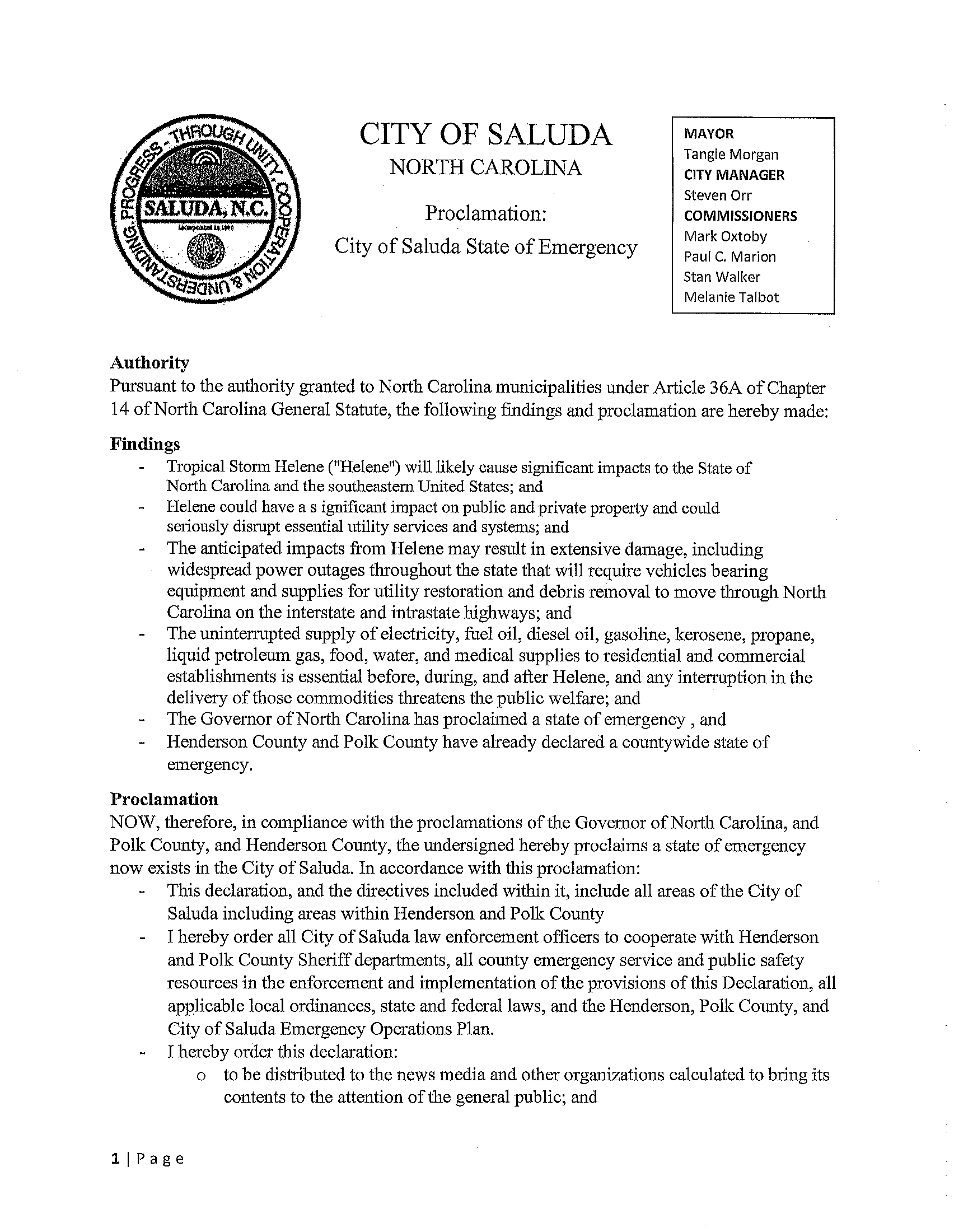 2024 9 25 State of Emergency Proclamation Page 1